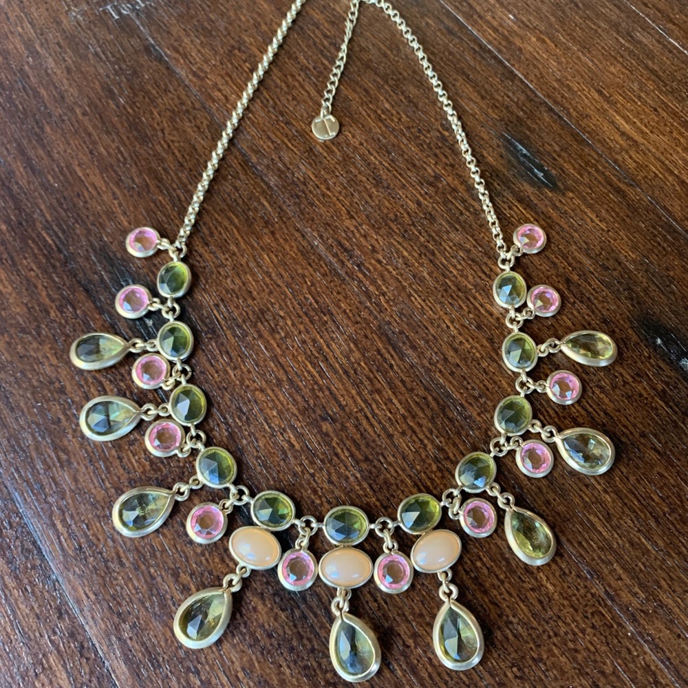Talbots Teardrop Necklace Pink/Green Stones in Gold Tone
